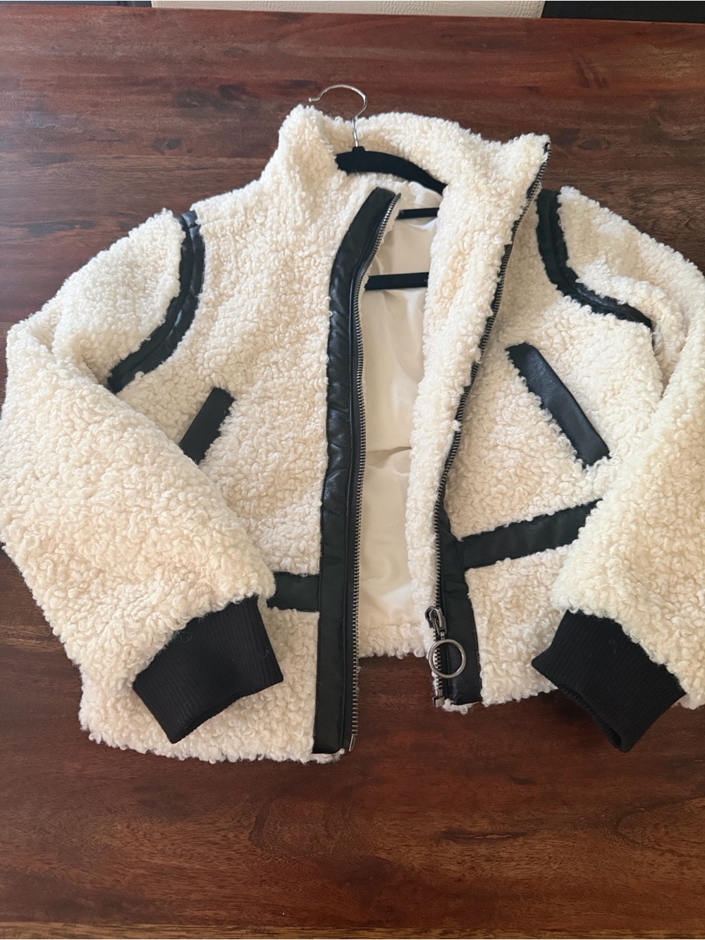 Kids Sherpa Zip Moto Jacket in Cream with Black Trim- Design History M